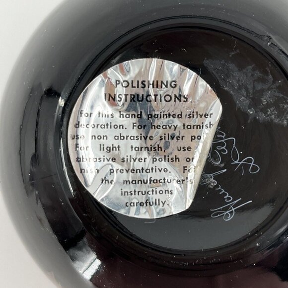 Fenton Black Ebony Amethyst Bowl Vase HP Silver Floral Poppies Signed Vintage - Picture 7 of 11